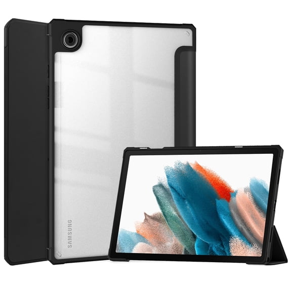 ELEHOLD Trifold Case for Samsung Galaxy Tab A8 10.5" 2022 - Auto Wake Sleep Function Kickstand Acrylic Transparent Clear Back Shockproof Cover for Samsung Galaxy Tab A8 (X200/X205),Black