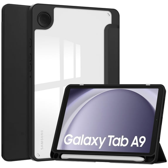 ELEHOLD Trifold Case for Samsung Galaxy Tab A9 8.7" 2023 - Kickstand Function Built-in S Pen Holder Acrylic Transparent Clear Back Shockproof Cover for Samsung Galaxy Tab A9,Black