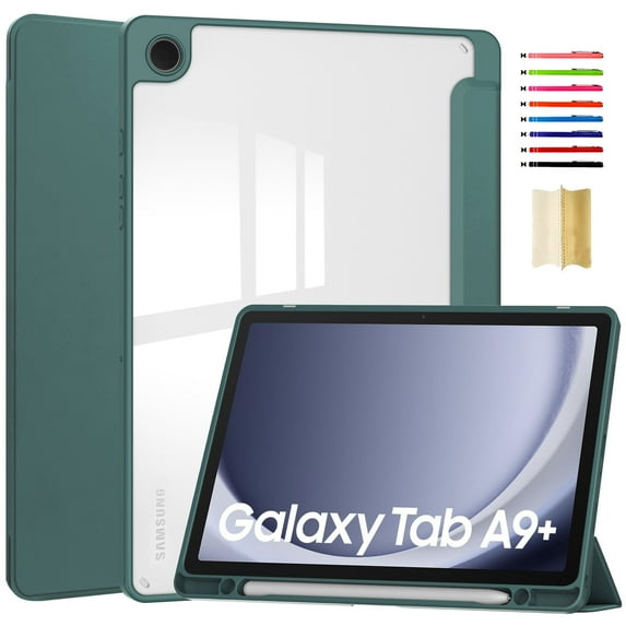 ELEHOLD Trifold Case for Samsung Galaxy Tab A9 Plus 11.0" 2023 - Auto Wake Sleep Function Kickstand Built-in S Pen Holder Acrylic Clear Back Shockproof Cover for Samsung Galaxy Tab A9+,Darkgreen