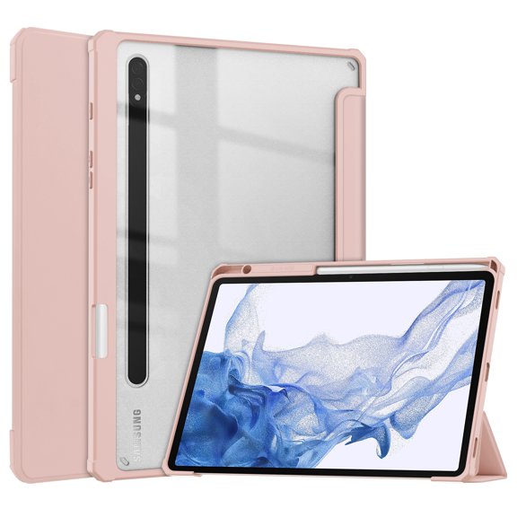 ELEHOLD Trifold Case for Samsung Galaxy Tab S8/Tab S7 11" 2022/2020 - Auto Wake Sleep Function Kickstand Built-in S Pen Holder Acrylic Clear Back Shockproof Cover for Samsung Tab S8/S7,Rosegold