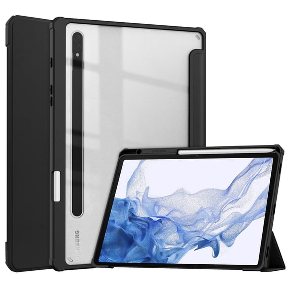 ELEHOLD Trifold Case for Samsung Galaxy Tab S8/Tab S7 11" 2022/2020 - Auto Wake Sleep Function Kickstand Built-in S Pen Holder Acrylic Clear Back Shockproof Cover for Samsung Tab S8/S7,Black