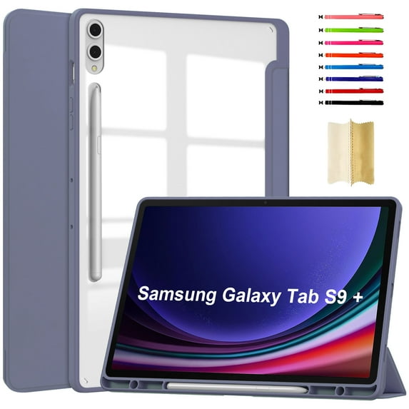 ELEHOLD Trifold Case for Samsung Galaxy Tab S9 Plus /S9 FE Plus 12.4" 2023 - Auto Wake Sleep Function Kickstand Built-in S Pen Holder Acrylic Transparent Clear Back Shockproof Cover, Lavender