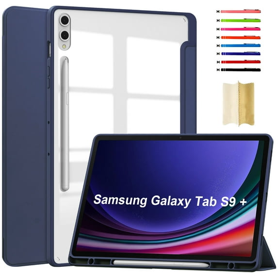 ELEHOLD Trifold Case for Samsung Galaxy Tab S9 Plus /S9 FE Plus 12.4" 2023 - Auto Wake Sleep Function Kickstand Built-in S Pen Holder Acrylic Transparent Clear Back Shockproof Cover,Darkblue