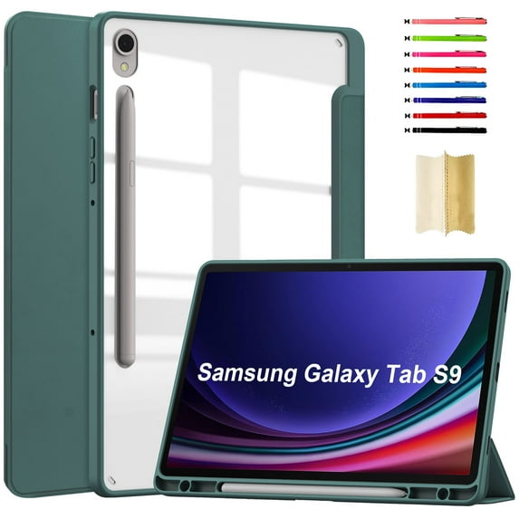 ELEHOLD Trifold Case for Samsung Galaxy Tab S9 /S9 FE 11.0" 2023 - Auto Wake Sleep Function Kickstand Built-in S Pen Holder Acrylic Clear Back Shockproof Cover for Samsung Tab S9 /S9 FE, Darkgreen