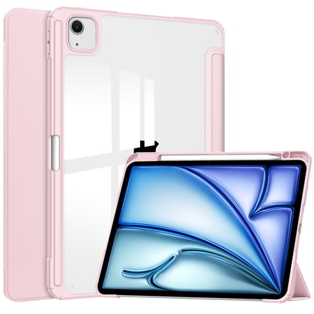 ELEHOLD Trifold Case for iPad Air 13 inch 2024 -Slim Leather Auto Wake Sleep Kickstand Case Built-in Pencil Holder Acrylic Transparent Clear Back Shockproof Cover for iPad Air 13" 2024,Rosegold