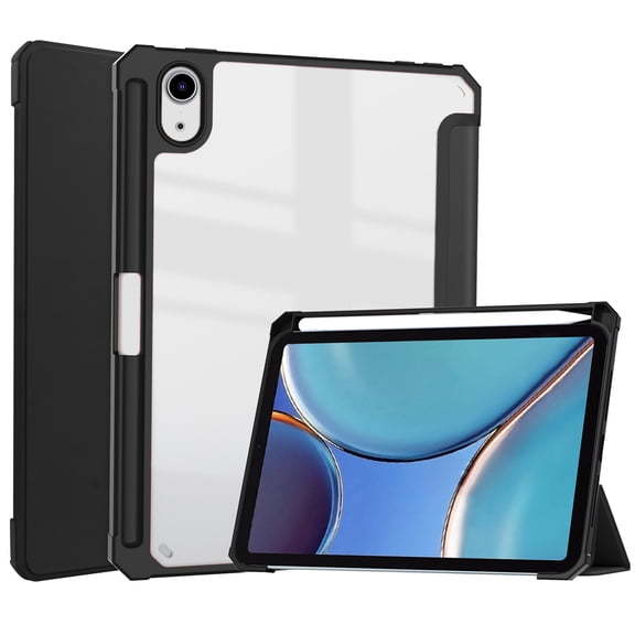 ELEHOLD Trifold Case for iPad Pro 12.9" - Auto Wake Sleep Function Kickstand Built-in Pencil Holder Acrylic Clear Back Shockproof Cover for iPad Pro 12.9 inch 6th/5th/4th/3th Gen,,Black