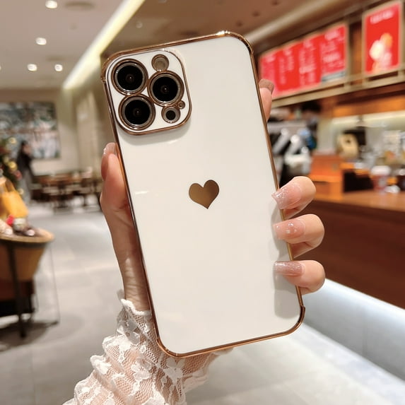 ELEHOLD Ultra Case Luxury Brushed Texture Case Compatible with Apple iPhone 13 Pro 6.1 inch PU Love Heart with Shockproof Rugged Case,White