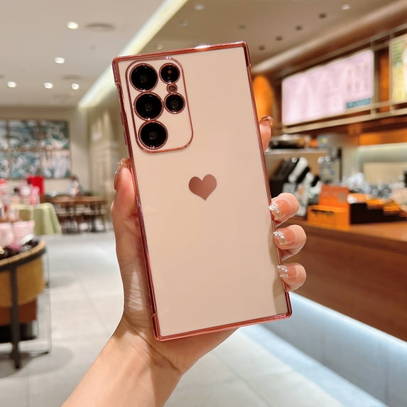 ELEHOLD Ultra Case Luxury Brushed Texture Case Compatible with Samsung Galaxy S22 Ultra 6.8 inch PU Love Heart with Shockproof Rugged Case,Pink