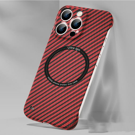 ELEHOLD Ultra Slim Carbon Fiber Wireless Charging Case for Apple iPhone 11 6.1 inch - Frameless PC Shockproof Bumper Case Support Magsafe Feature Case- Red