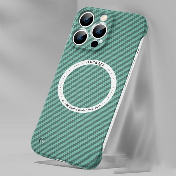 ELEHOLD Ultra Slim Carbon Fiber Wireless Charging Case for Apple iPhone 12 Pro 6.1 inch - Frameless PC Shockproof Bumper Case Support Magsafe Feature Case,Green