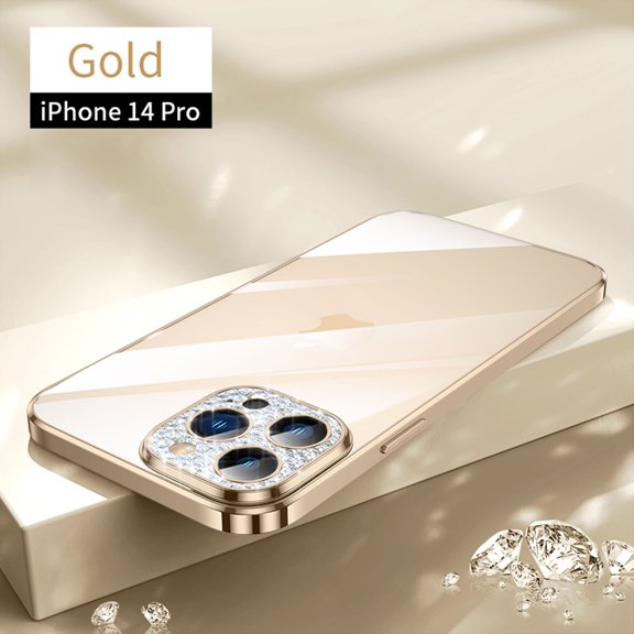 ELEHOLD Ultra-thin Plating Clear Glass Case for iPhone 14 Pro 6.1"2022,with Shockproof Anti-scratch Crystal-clear Back Ultra-thin Lightweight Case Cover, Gold
