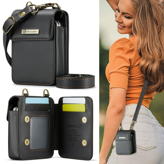 ELEHOLD Universal Mini Bag Wallet Phone Case, Luxury PU Leather RFID Blocking Card Holder Magnetic Snap Mini Bag Wallet Phone Case with Strap for Samsung Z Flip 7/6/5/4/3 Moto Razr/Air Pods,Black