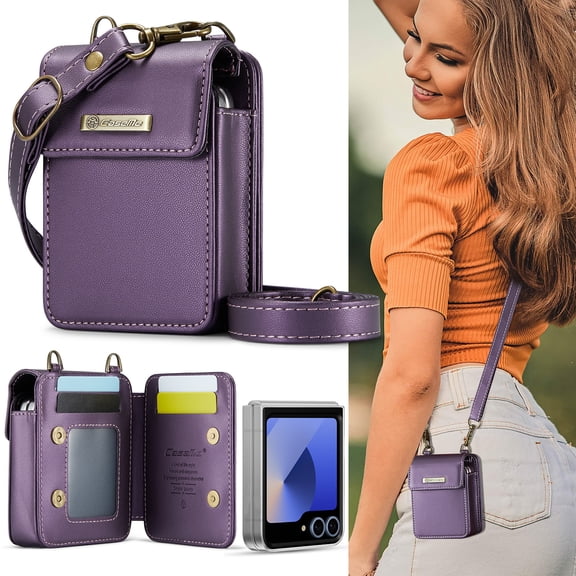 ELEHOLD Universal Mini Bag Wallet Phone Case, Luxury PU Leather RFID Blocking Card Holder Magnetic Snap Mini Bag Wallet Phone Case with Strap for Samsung Z Flip 7/6/5/4/3 Moto Razr/Air Pods,Purple