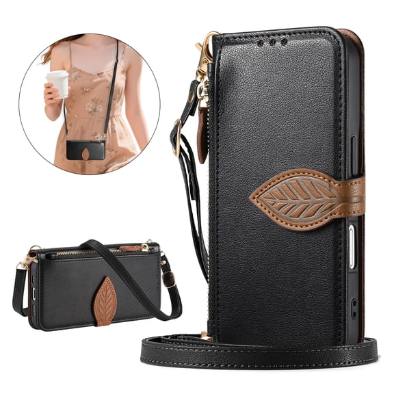 ELEHOLD Wallet Case for Apple iPhone 17 Air, Shockproof Flip PU Leather Zipper Cash Slot Credit Card Slot Anti-Scratch Shock-Absorbent Case Cover With Crossbody Wrist Strap,Black