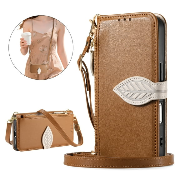 ELEHOLD Wallet Case for Apple iPhone 17 Air, Shockproof Flip PU Leather Zipper Cash Slot Credit Card Slot Anti-Scratch Shock-Absorbent Case Cover With Crossbody Wrist Strap,Brown