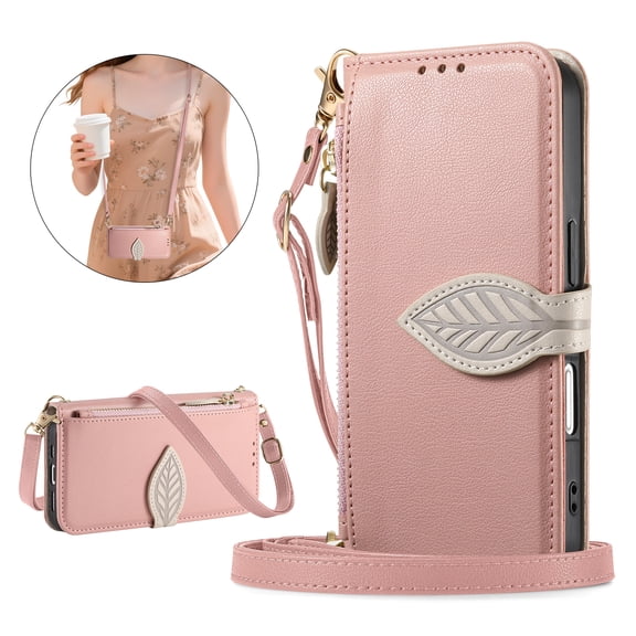 ELEHOLD Wallet Case for Apple iPhone 17 Pro, Shockproof Flip PU Leather Zipper Cash Slot Credit Card Slot Anti-Scratch Shock-Absorbent Case Cover With Crossbody Wrist Strap,Rosegold