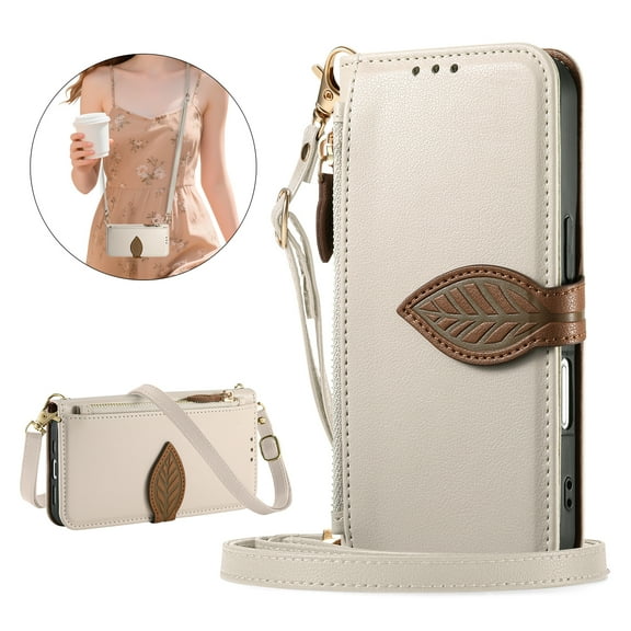 ELEHOLD Wallet Case for Apple iPhone 17, Shockproof Flip PU Leather Zipper Cash Slot Credit Card Slot Anti-Scratch Shock-Absorbent Case Cover With Crossbody Wrist Strap,White