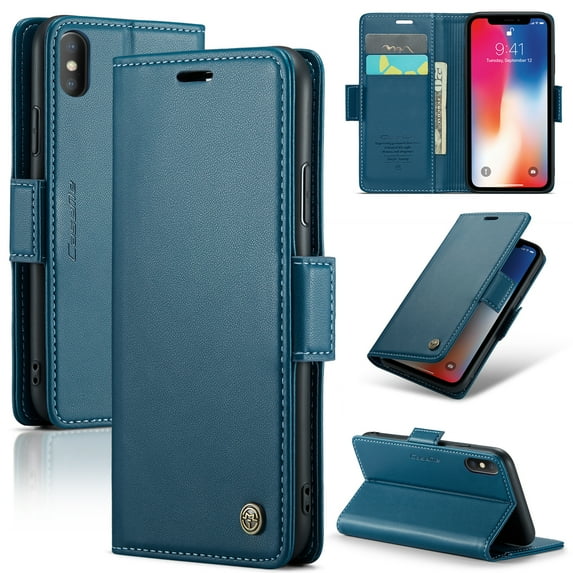ELEHOLD Wallet Case For iPhone XS Max,Premium Leather Case wih RFID Blocking Function Card Slots Kickstand Magnetic Clasp Shockproof Cover for Men Women,Blue
