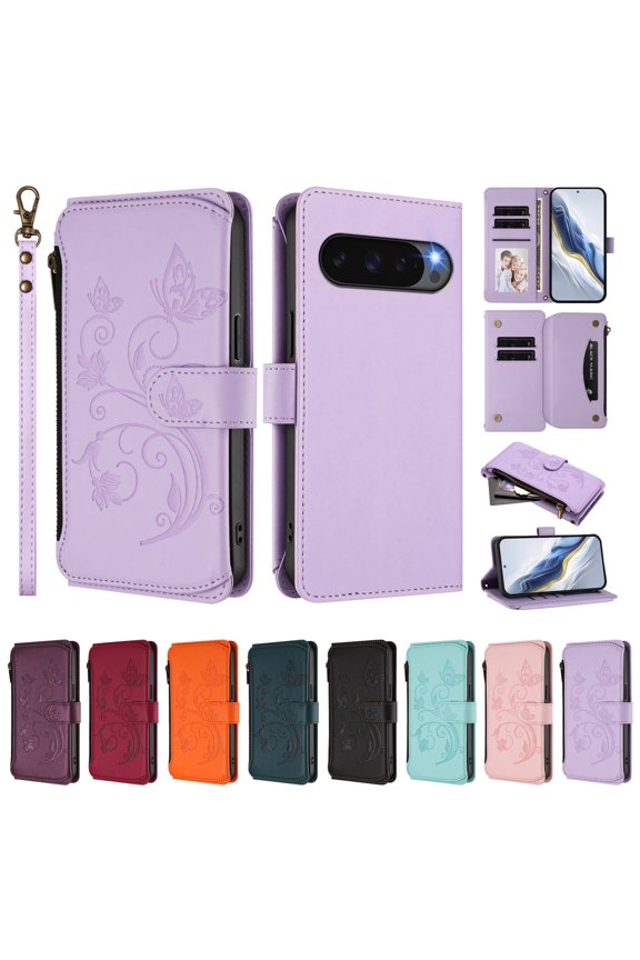 Wallet Case For Google Pixel 10 /10 Pro,  Butterfly Flower Pattern Leather Flip Kickstand Card Holder Zipper Pocket Magnetic Closure Wallet Cover With Crossbody Strap+Lanyard  ,Purple