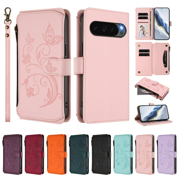 ELEHOLD Wallet Case For Google Pixel 10 /10 Pro,  Butterfly Flower Pattern Leather Flip Kickstand Card Holder Zipper Pocket Magnetic Closure Wallet Cover With Crossbody Strap+Lanyard  ,Pink