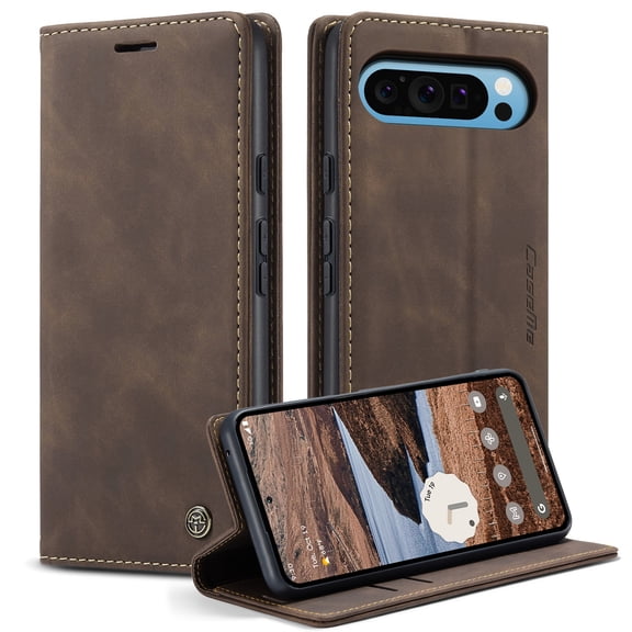ELEHOLD Wallet Case for Google Pixel 10 /10 Pro with Card Slots Money Pocket Kickstand Function Magnetic Closure Shockproof Protective Case for Google Pixel 10 /10 Pro, Coffee