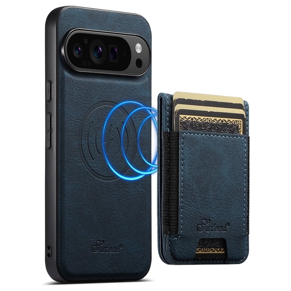 ELEHOLD Wallet Case For Google Pixel 10 /10 Pro , Compatible with Mag Safe Accessoriees, 2 in 1 Detachable Magnetic Card Holder Faux Lychee Pattern Leather Kickstand Wallet Case ,Blue