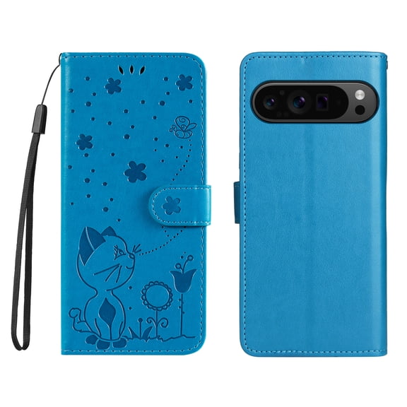 ELEHOLD Wallet Case For Google Pixel 10 /10 Pro,Cute Cat PU Leather Kickstand Card Slots Durable Shockproof Cover Case with Strap For Google Pixel 10 /10 Pro,Blue