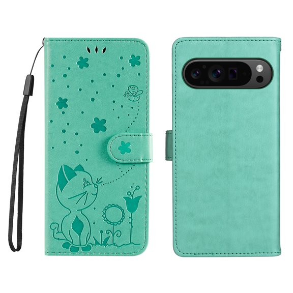 ELEHOLD Wallet Case For Google Pixel 10 /10 Pro,Cute Cat PU Leather Kickstand Card Slots Durable Shockproof Cover Case with Strap For Google Pixel 10 /10 Pro,Green