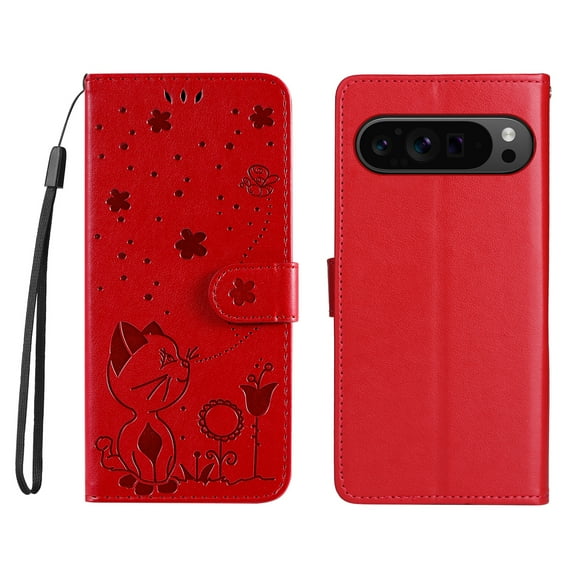 ELEHOLD Wallet Case For Google Pixel 10 /10 Pro,Cute Cat PU Leather Kickstand Card Slots Durable Shockproof Cover Case with Strap For Google Pixel 10 /10 Pro,Red
