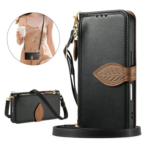 ELEHOLD Wallet Case for Google Pixel 10 Pro XL, Shockproof Flip PU Leather Zipper Cash Slot Credit Card Slot Anti-Scratch Shock-Absorbent Case Cover With Crossbody Wrist Strap,Black