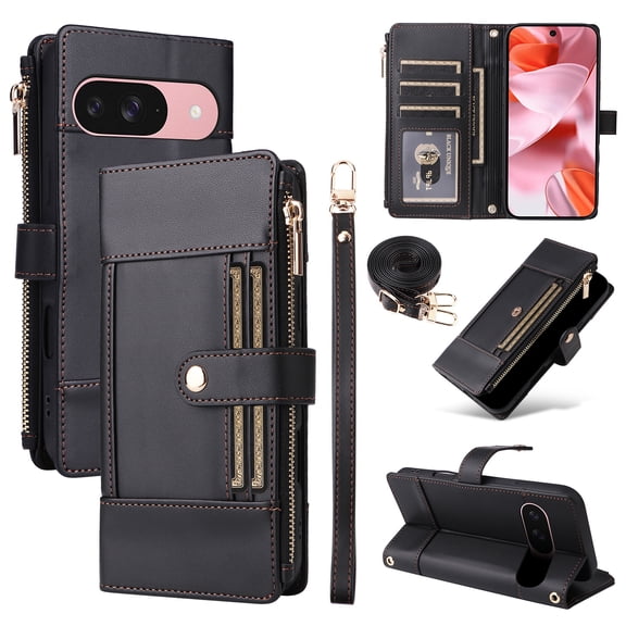 ELEHOLD Wallet Case for Google Pixel 9 / 9 Pro, Slim Rugged TPU Protective Cover Faux Leather Finish Anti-Scratch Zipper Card Slot Cash Holder Shockproof Case with Detachable Lanyard,Black