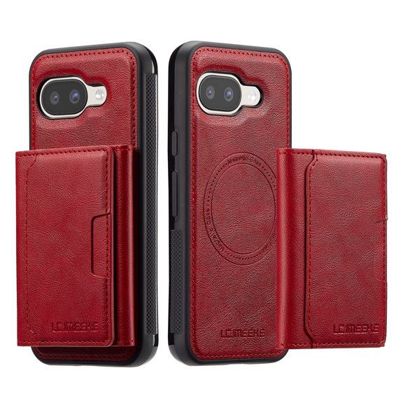 ELEHOLD Wallet Case for Google Pixel 9A, Magnetic Back Cover Compatible with Mag-Safe, Premium PU Leather Shockproof Protective Case with Detachable Card Holder Kickstand,Red