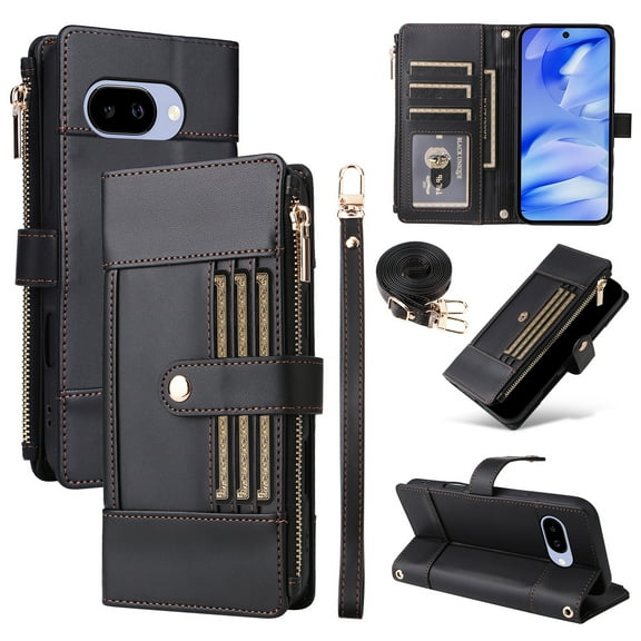 ELEHOLD Wallet Case for Google Pixel 9A, Slim Rugged TPU Protective Cover Faux Leather Finish Anti-Scratch Zipper Card Slot Cash Holder Shockproof Case with Detachable Lanyard,Black