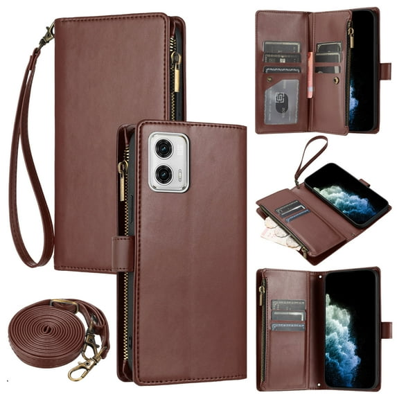 ELEHOLD Wallet Case for Motorola Moto G 5G 2023, with 9 Card Slots Cash/Zipper Pocket Detachable Lanyard Crossbody Strap Magnetic Clasp Kickstand Luxury Purse Case,Brown