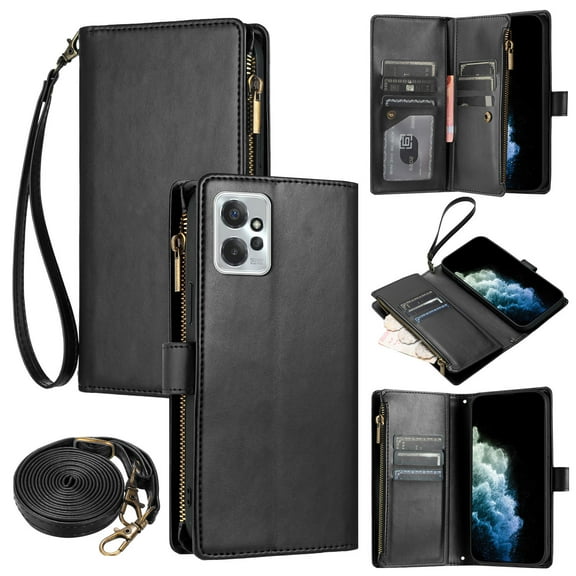 ELEHOLD Wallet Case for Motorola Moto G Power 2023, with 9 Card Slots Cash/Zipper Pocket Detachable Lanyard Crossbody Strap Magnetic Clasp Kickstand Luxury Purse Case, Black