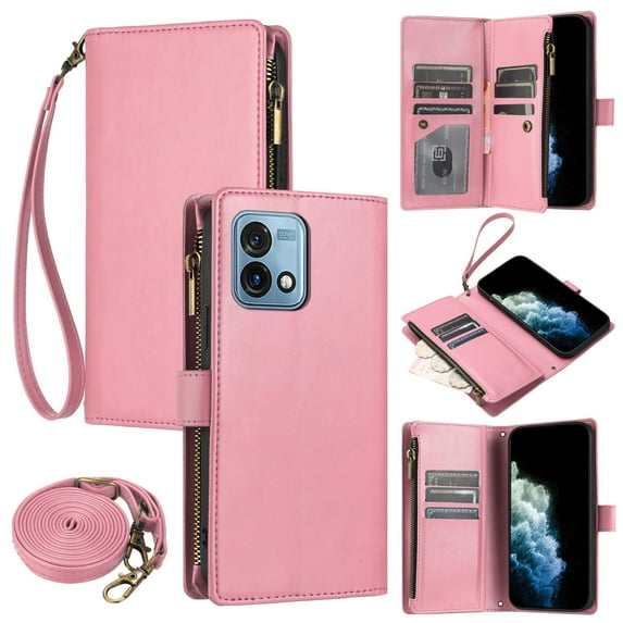 ELEHOLD Wallet Case for Motorola Moto G Stylus 5G 2023, with 9 Card Slots Cash/Zipper Pocket Detachable Lanyard Crossbody Strap Magnetic Clasp Kickstand Luxury Purse Case,Pink