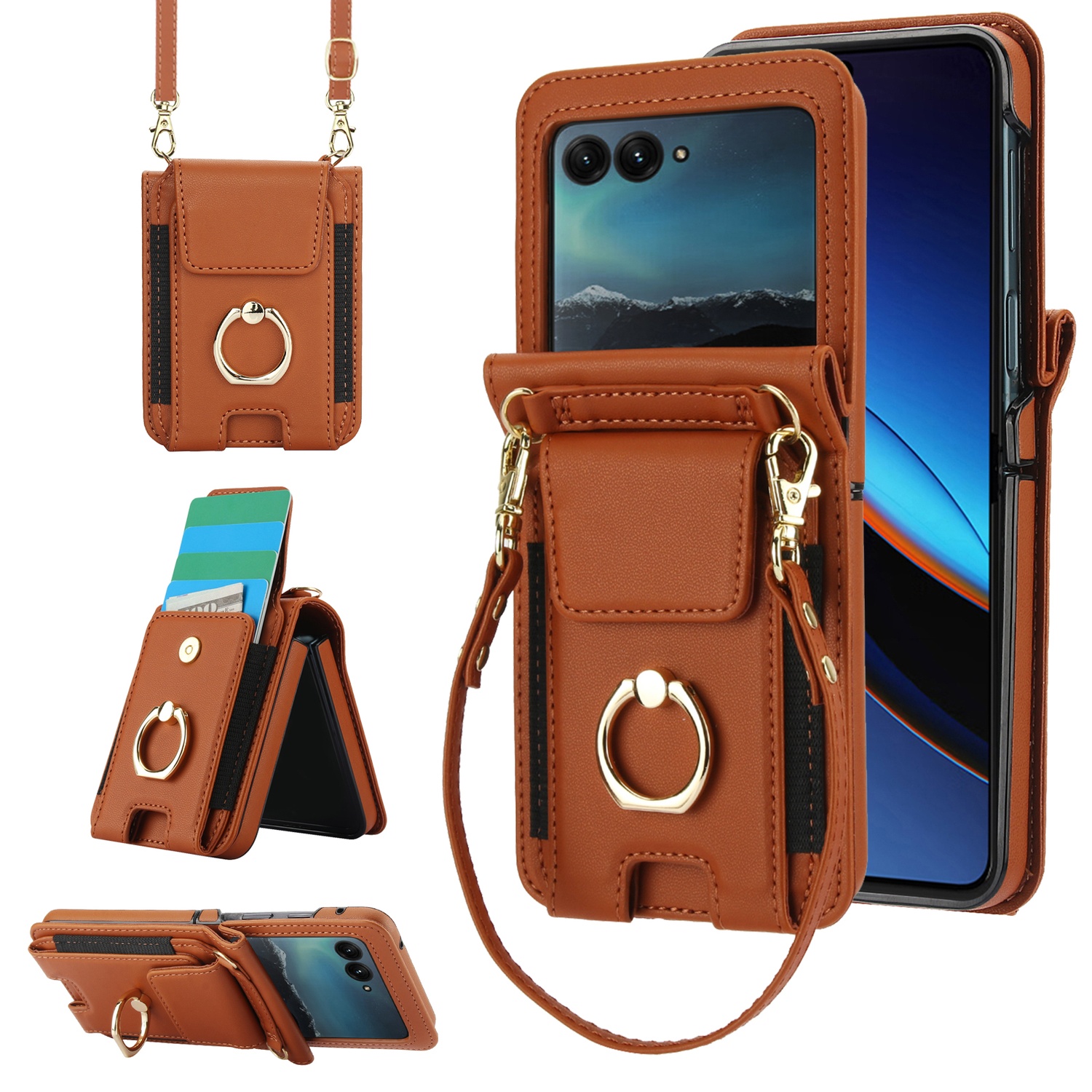 ELEHOLD Wallet Case for Motorola Razr 2024 ,Shockproof Leather Card Cash Slots Flip Kickstand Protective Wallet Case with Shoulder Strap / Lanyard for Motorola Razr 2024 ,Brown