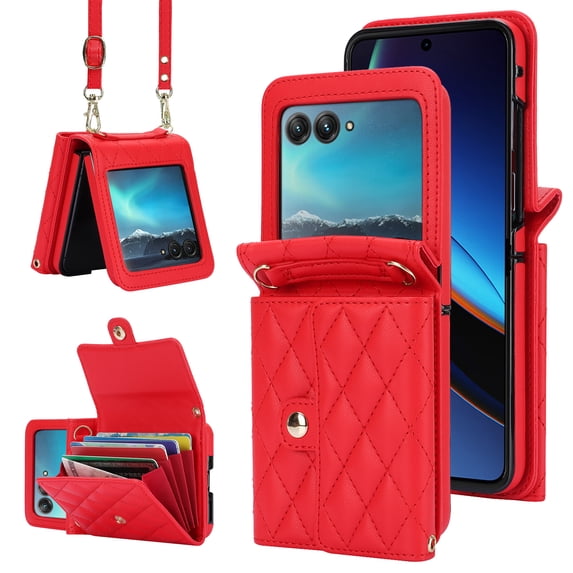 ELEHOLD Wallet Case for Motorola Razr+ 2025/2024, Leather Long Shoulder Strap Card Slot Holder Purse Cover Crossbody Protective Case for Women Girls for Motorola Razr+ 2025/2024,Red