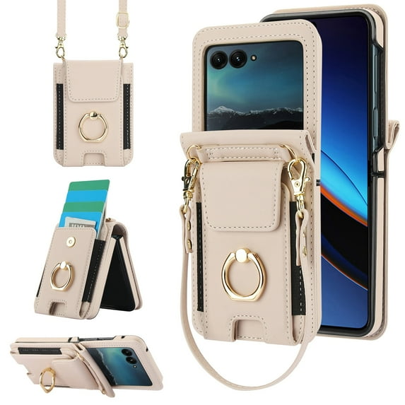ELEHOLD Wallet Case for Motorola Razr+ 2025/2024 ,Shockproof Leather Card Cash Slots Flip Kickstand Protective Wallet Case with Shoulder Strap / Lanyard for Motorola Razr+ 2025/2024 ,White