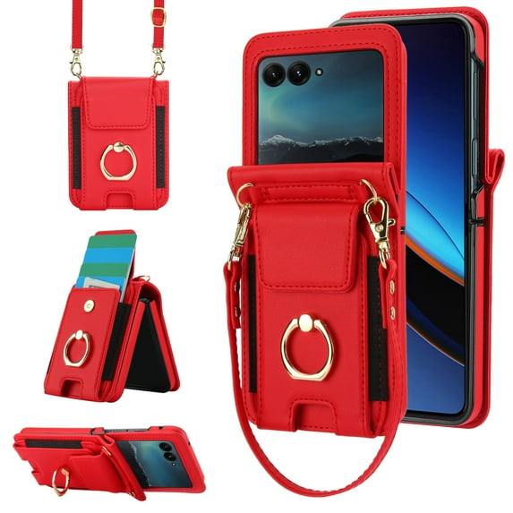 ELEHOLD Wallet Case for Motorola Razr+ 2025/2024 ,Shockproof Leather Card Cash Slots Flip Kickstand Protective Wallet Case with Shoulder Strap / Lanyard for Motorola Razr+ 2025/2024 ,Red