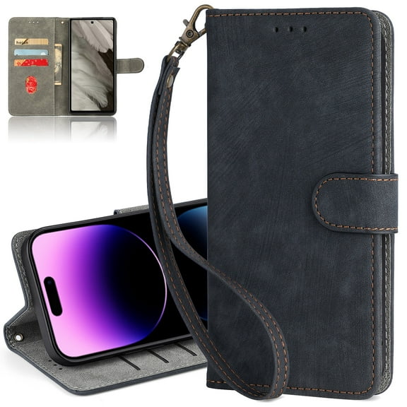 ELEHOLD Wallet Case for Mototola Moto G Stylus 5G 2022, PU Leather RFID Blocking Card Holder Magnetic Flip Folio Shockproof Cover with Wrist Strap,Black