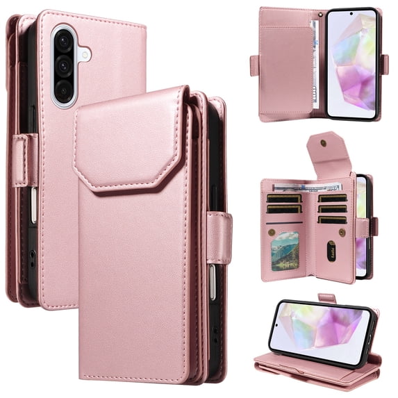 ELEHOLD Wallet Case for Samsung Galaxy A06, Luxury PU Leather Shockproof Magnetic Flip Kickstand Card Slots Cash Pocket Wallet Case With Detachable Lanyard, Rosegold