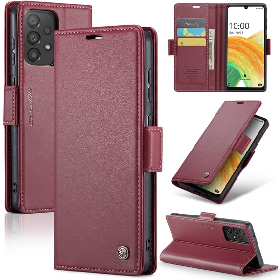 ELEHOLD Wallet Case For Samsung Galaxy A13 4G,Premium Leather Case wih RFID Blocking Function Card Slots Kickstand Magnetic Clasp Shockproof Cover for Men Women,Wine