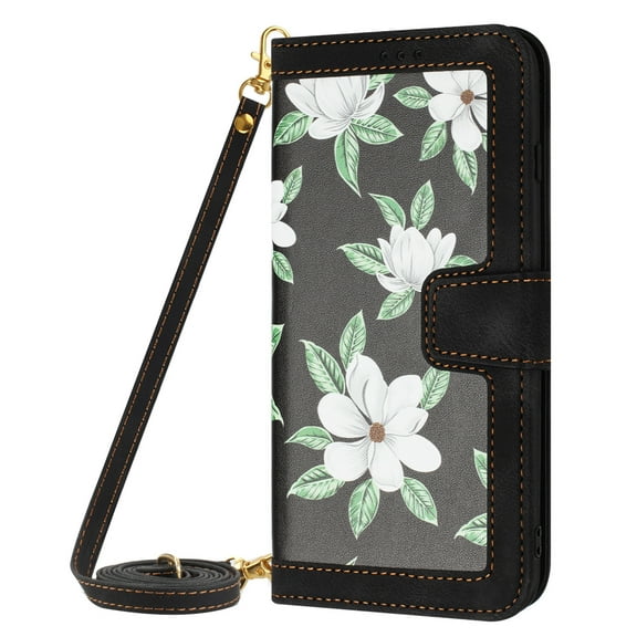 ELEHOLD Wallet Case for Samsung Galaxy A13 4G Premium Leather Flower Floral Pattern with Card Slots Kickstand Function Crossbody Shoulder Strap Wriststrap Lanyard Folio Wallet Case,black