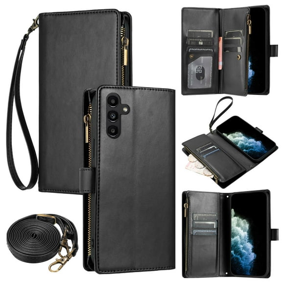 ELEHOLD Wallet Case for Samsung Galaxy A14 5G, with 9 Card Slots Cash/Zipper Pocket Detachable Lanyard Crossbody Strap Magnetic Clasp Kickstand Luxury Purse Case,Black