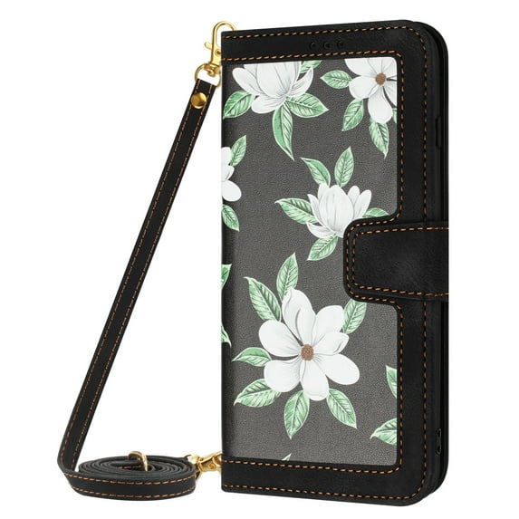 ELEHOLD Wallet Case for Samsung Galaxy A14 5G Premium Leather Flower Floral Pattern with Card Slots Kickstand Function Crossbody Shoulder Strap Wriststrap Lanyard Folio Wallet Case,black