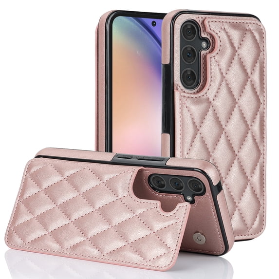 ELEHOLD Wallet Case for Samsung Galaxy A14 5G,RFID Blocking Card Holders Luxury Argyle Pattern Leather Case Kickstand Magnetic Button Slim Lightweight Shockproof Purse Case,Rosegold