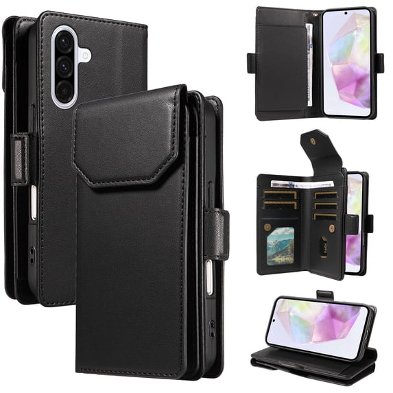 ELEHOLD Wallet Case for Samsung Galaxy A16 5G, Luxury PU Leather Shockproof Magnetic Flip Kickstand Card Slots Cash Pocket Wallet Case With Detachable Lanyard, Black