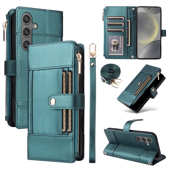 ELEHOLD Wallet Case for Samsung Galaxy A16 5G, Slim Rugged TPU Protective Cover Faux Leather Finish Anti-Scratch Zipper Card Slot Cash Holder Shockproof Case with Detachable Lanyard,Green