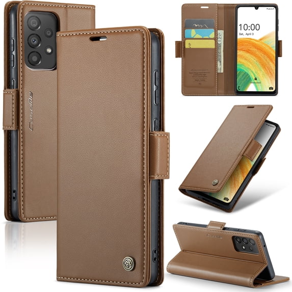 ELEHOLD Wallet Case For Samsung Galaxy A22 5G,Premium Leather Case wih RFID Blocking Function Card Slots Kickstand Magnetic Clasp Shockproof Cover for Men Women,Brown